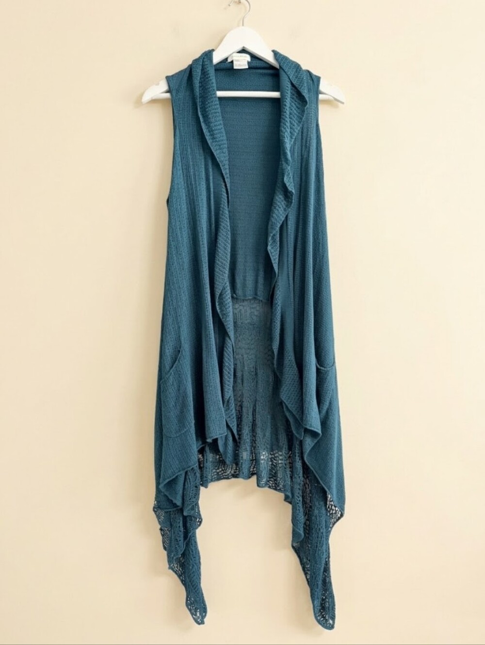 Grace & Lace Teal Open Knit Sleeveless Duster Vest Handkerchief Coverup
